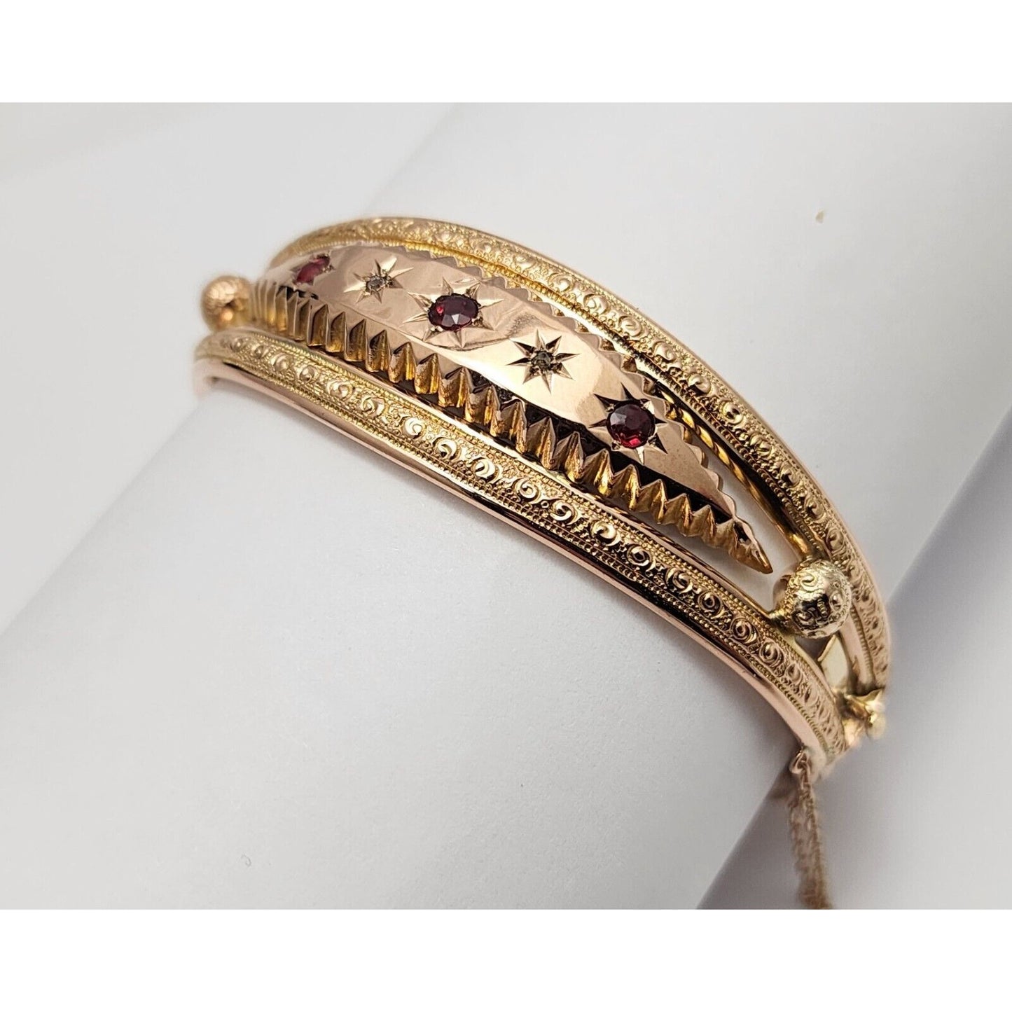 Vintage 9K Rose Gold Garnet & Diamond Bangle Bracelet