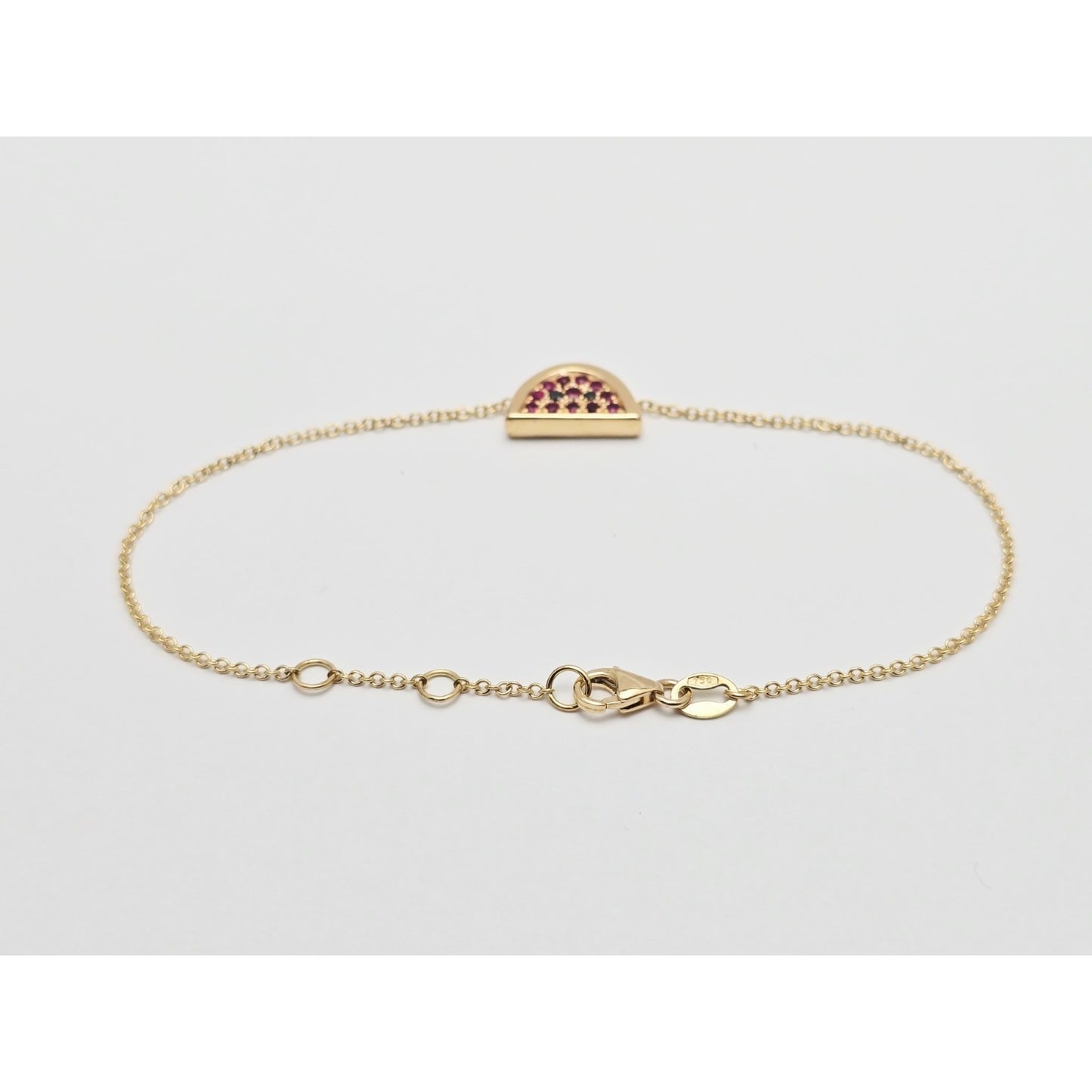 18K Yellow Gold Spinel & Black Diamond Watermelon Resizable Link Charm Bracelet