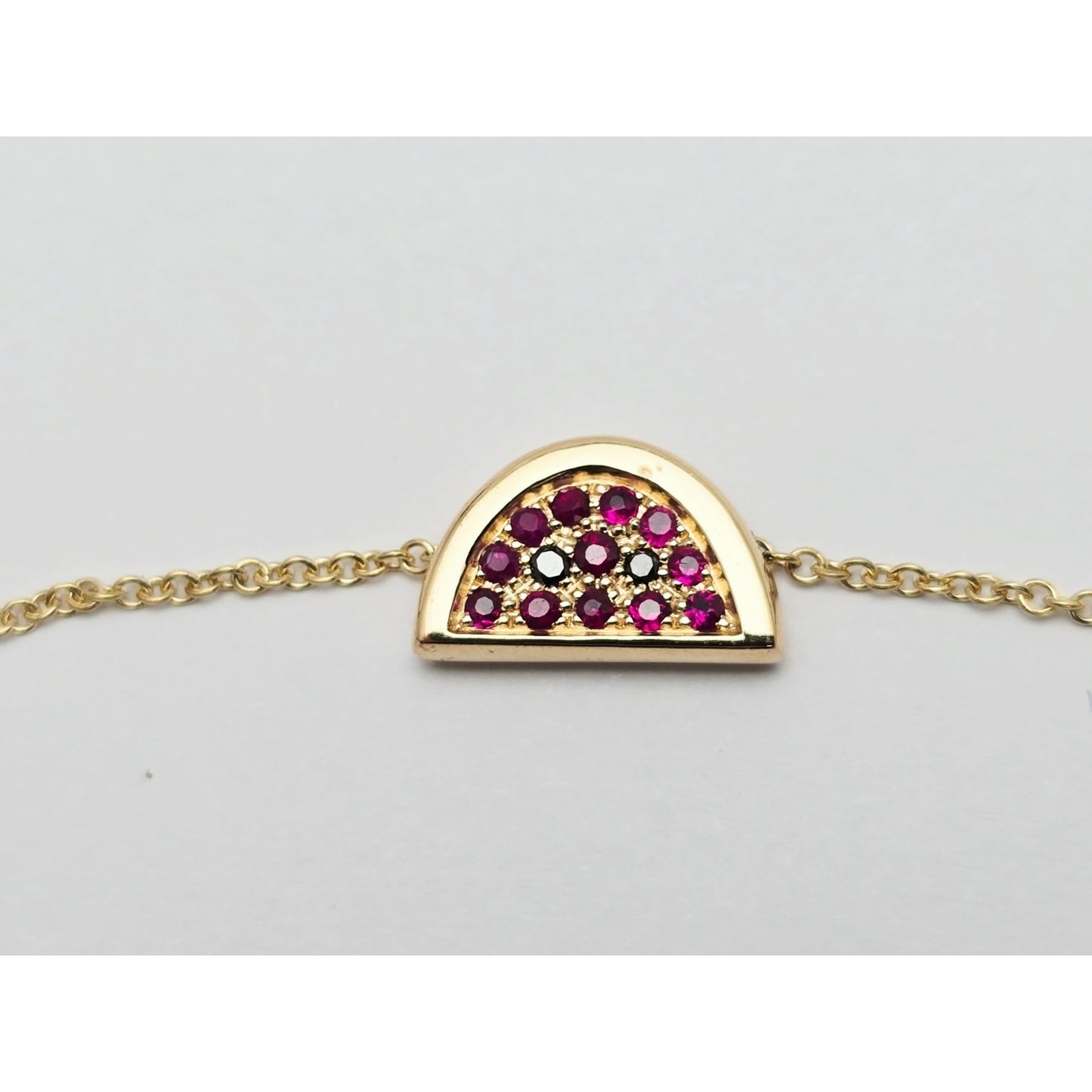18K Yellow Gold Spinel & Black Diamond Watermelon Resizable Link Charm Bracelet