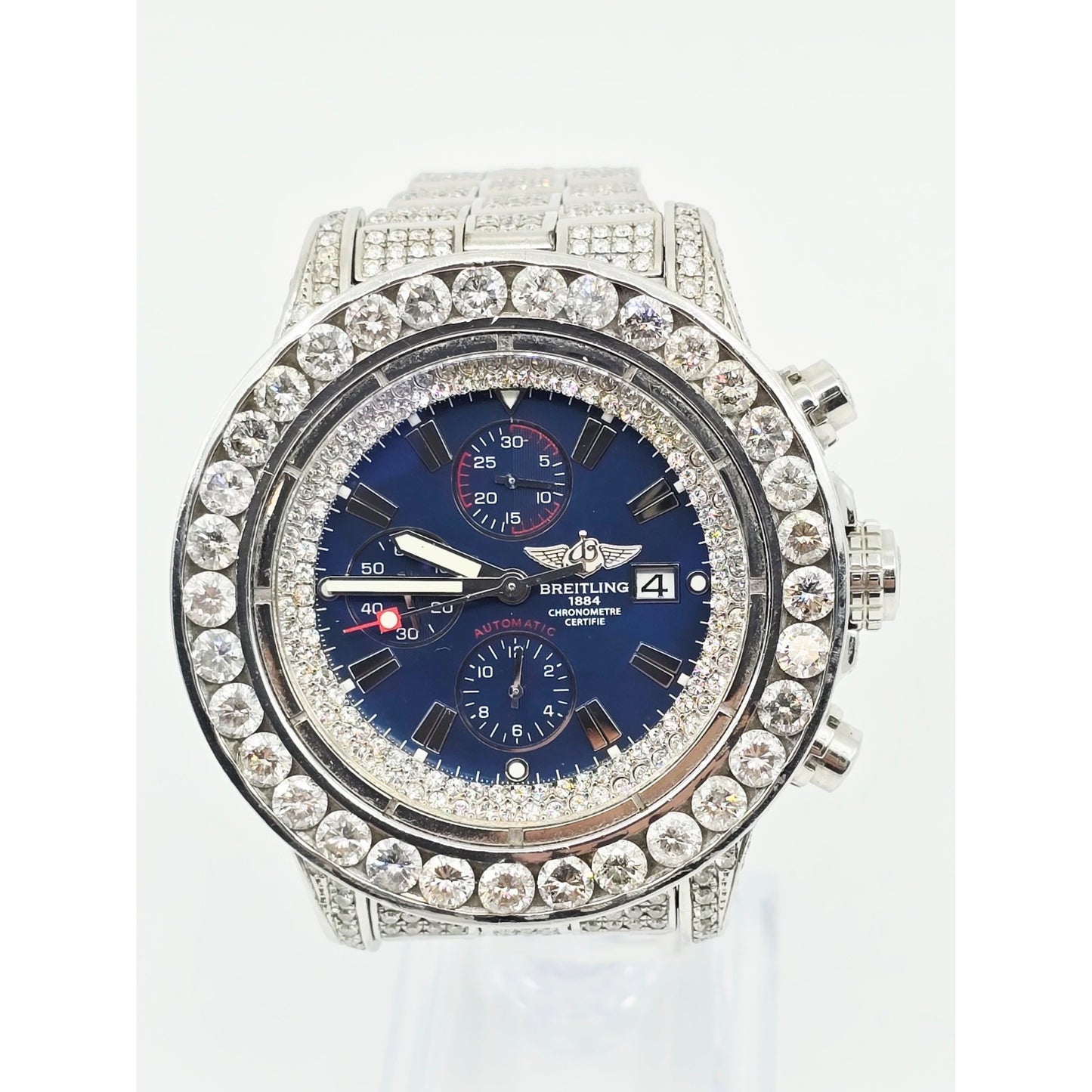 Custom Breitling A13370 Super Avenger XL Blue 48MM Steel Diamond Watch 18.60ct