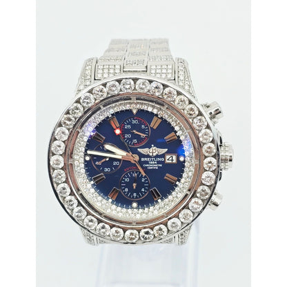 Custom Breitling A13370 Super Avenger XL Blue 48MM Steel Diamond Watch 18.60ct