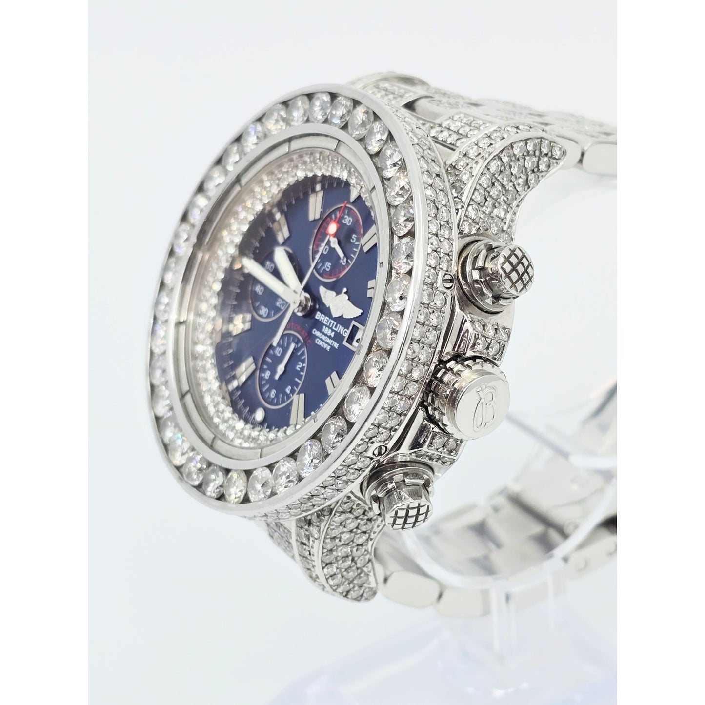 Custom Breitling A13370 Super Avenger XL Blue 48MM Steel Diamond Watch 18.60ct