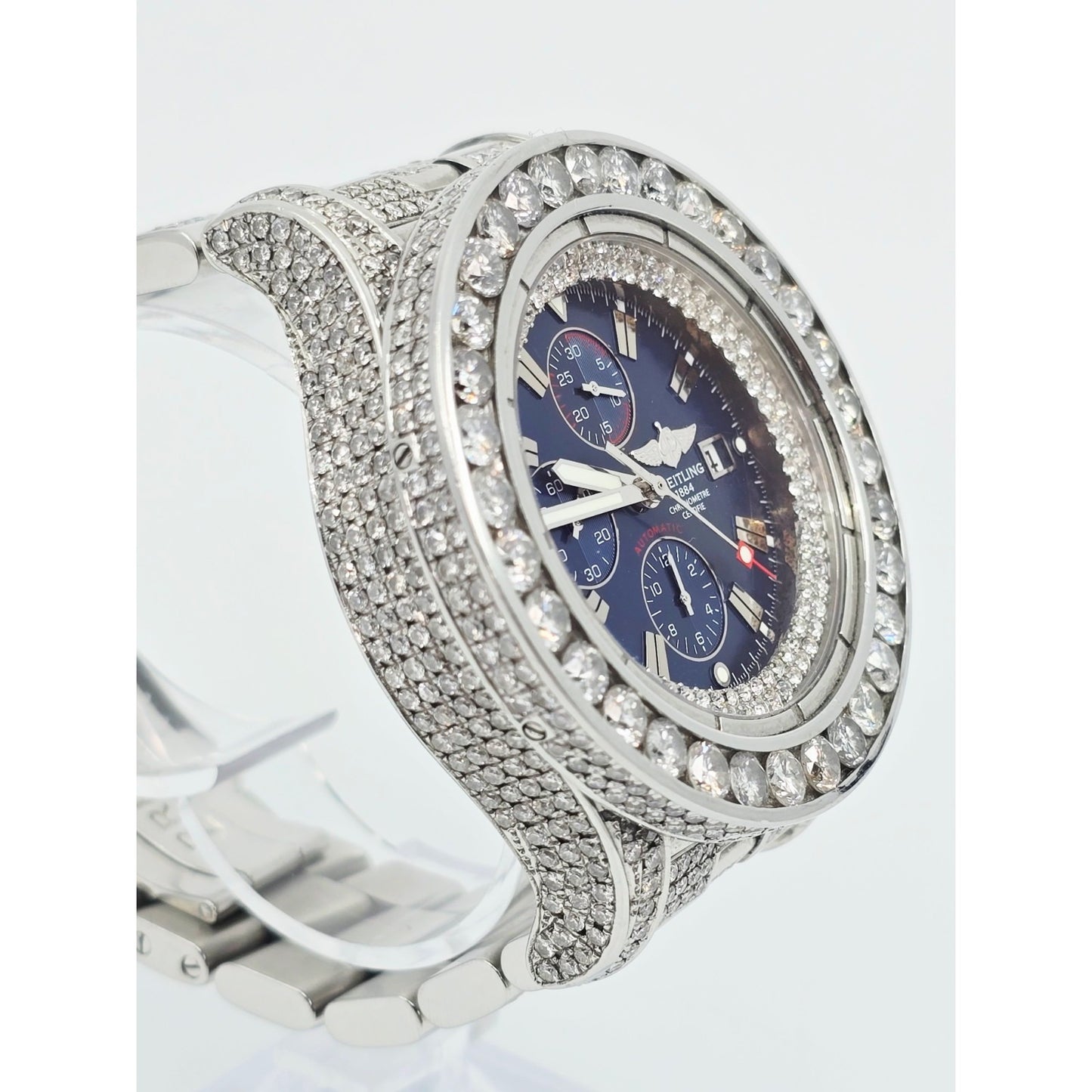 Custom Breitling A13370 Super Avenger XL Blue 48MM Steel Diamond Watch 18.60ct