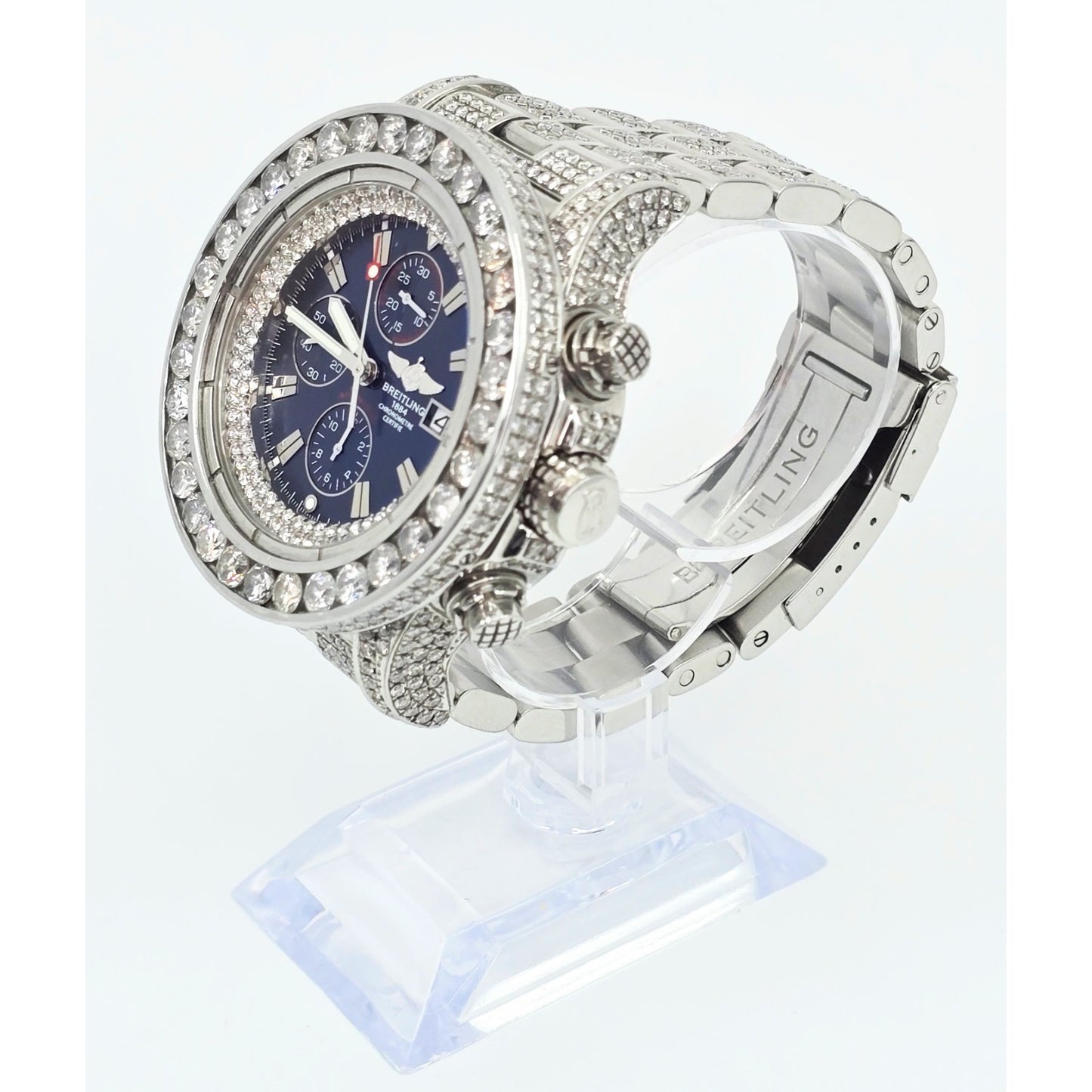 Custom Breitling A13370 Super Avenger XL Blue 48MM Steel Diamond Watch 18.60ct