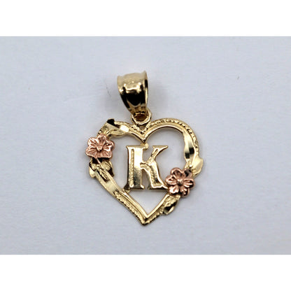 14K Two Tone Gold Floral Initial Letter " K " Heart Charm Pendant