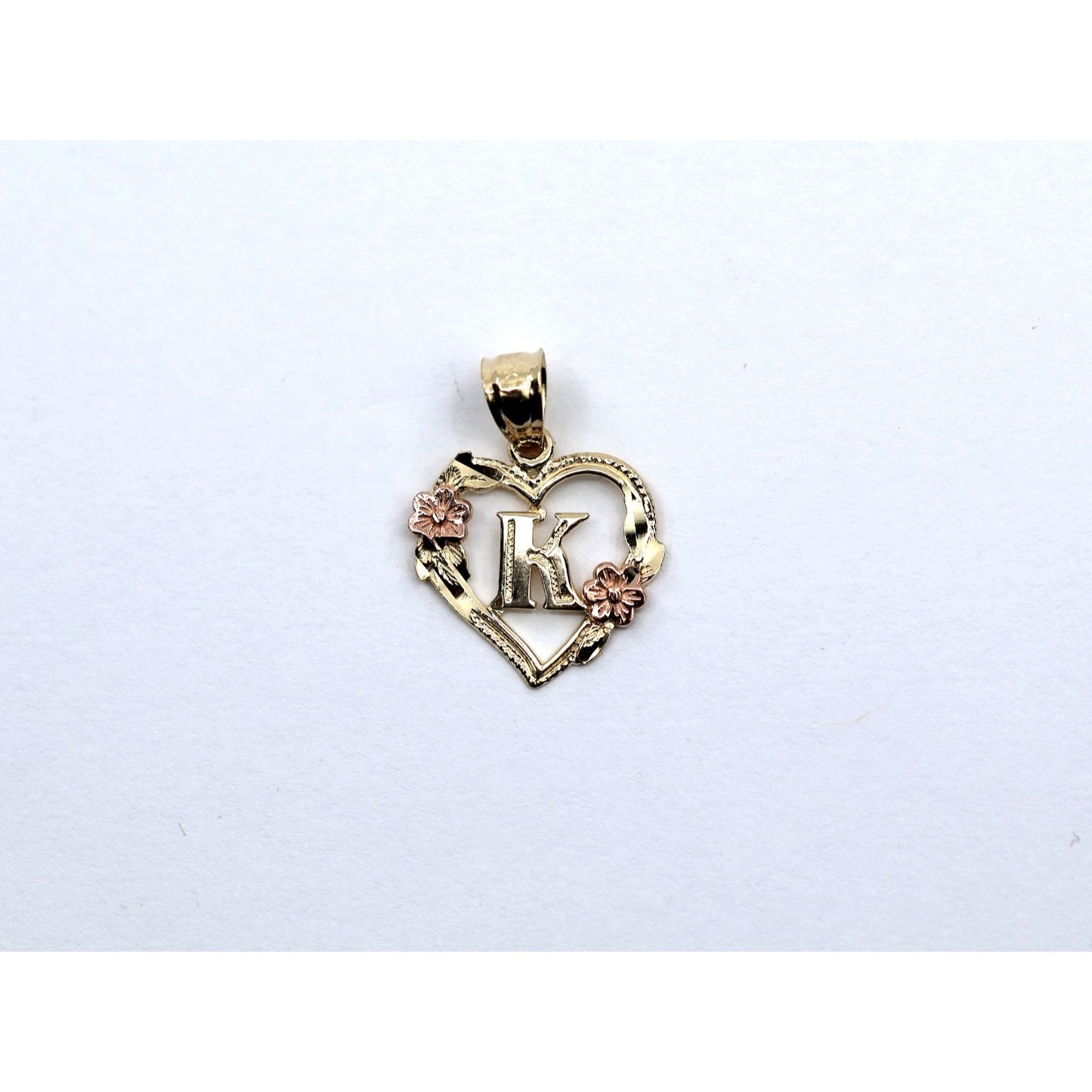 14K Two Tone Gold Floral Initial Letter " K " Heart Charm Pendant