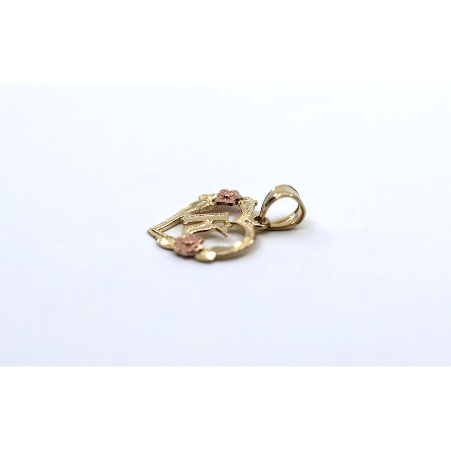 14K Two Tone Gold Floral Initial Letter " K " Heart Charm Pendant