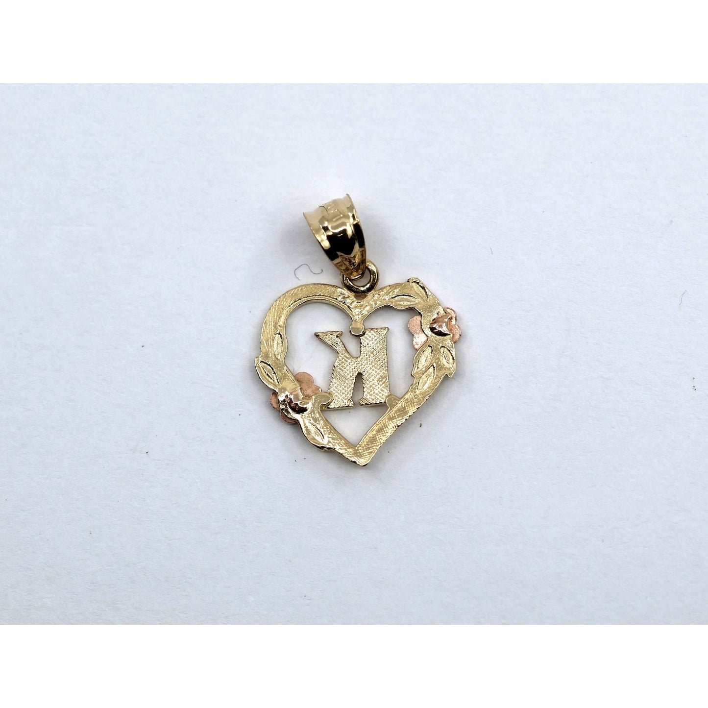 14K Two Tone Gold Floral Initial Letter " K " Heart Charm Pendant