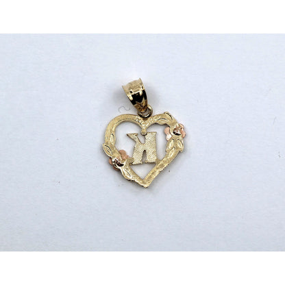 14K Two Tone Gold Floral Initial Letter " K " Heart Charm Pendant