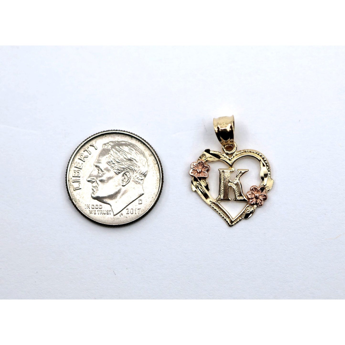 14K Two Tone Gold Floral Initial Letter " K " Heart Charm Pendant