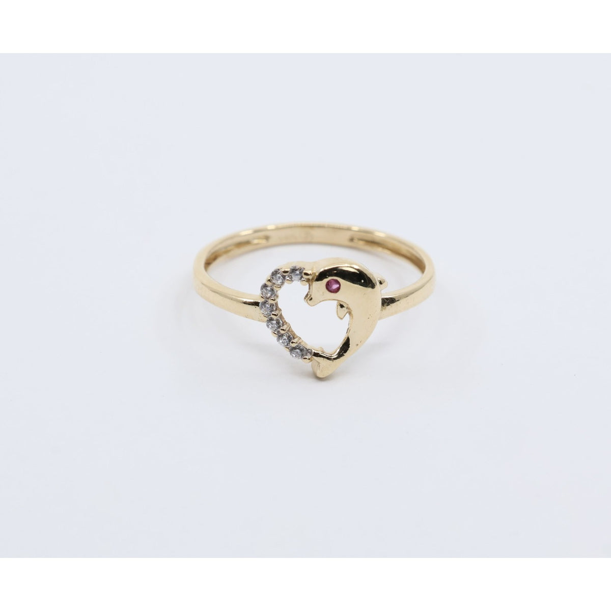 14K Yellow Gold Dolphin Heart CZ Ring