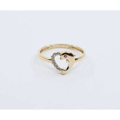14K Yellow Gold Dolphin Heart CZ Ring