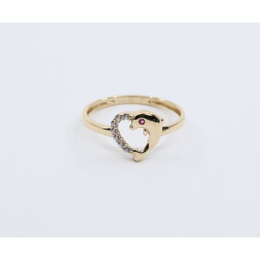 14K Yellow Gold Dolphin Heart CZ Ring
