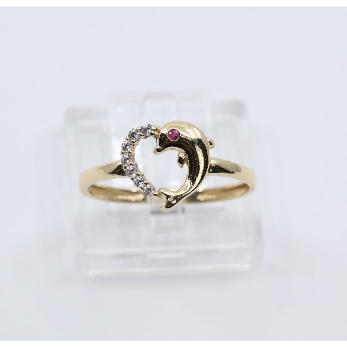 14K Yellow Gold Dolphin Heart CZ Ring
