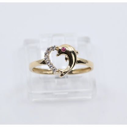 14K Yellow Gold Dolphin Heart CZ Ring