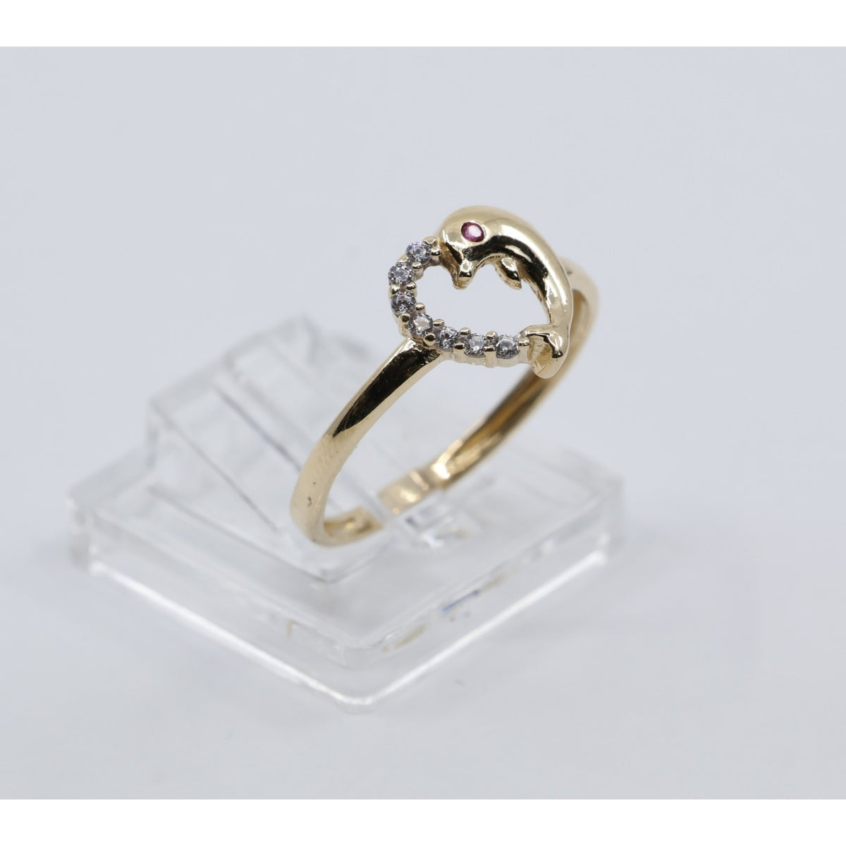 14K Yellow Gold Dolphin Heart CZ Ring