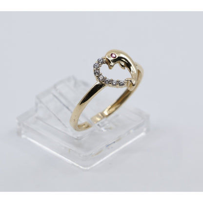 14K Yellow Gold Dolphin Heart CZ Ring