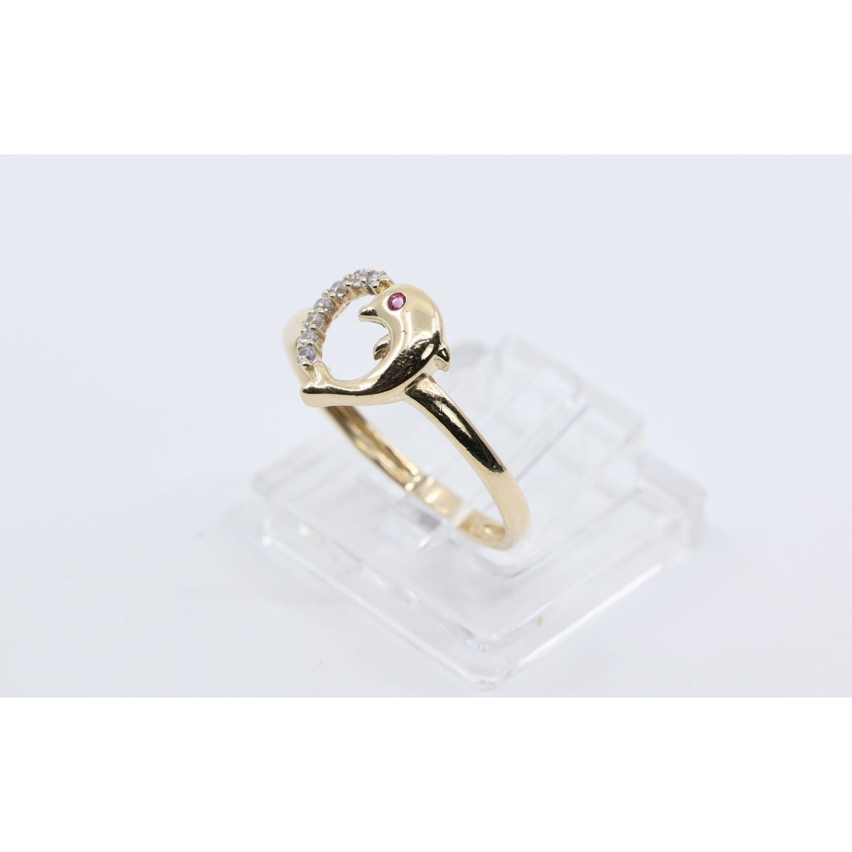 14K Yellow Gold Dolphin Heart CZ Ring