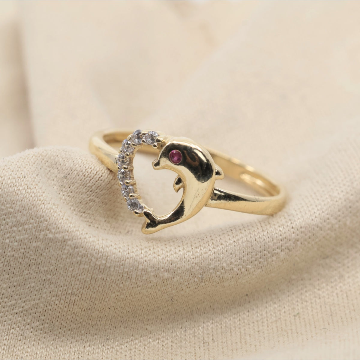14K Yellow Gold Dolphin Heart CZ Ring