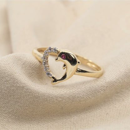 14K Yellow Gold Dolphin Heart CZ Ring