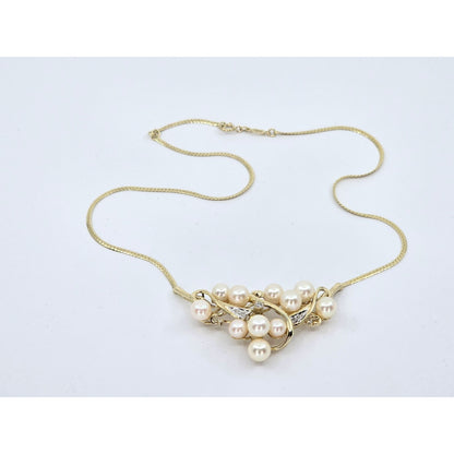 14K Yellow Gold Pearl & Diamond Resizable Choker Flat Link Chain Necklace