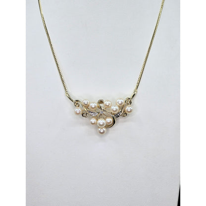 14K Yellow Gold Pearl & Diamond Resizable Choker Flat Link Chain Necklace