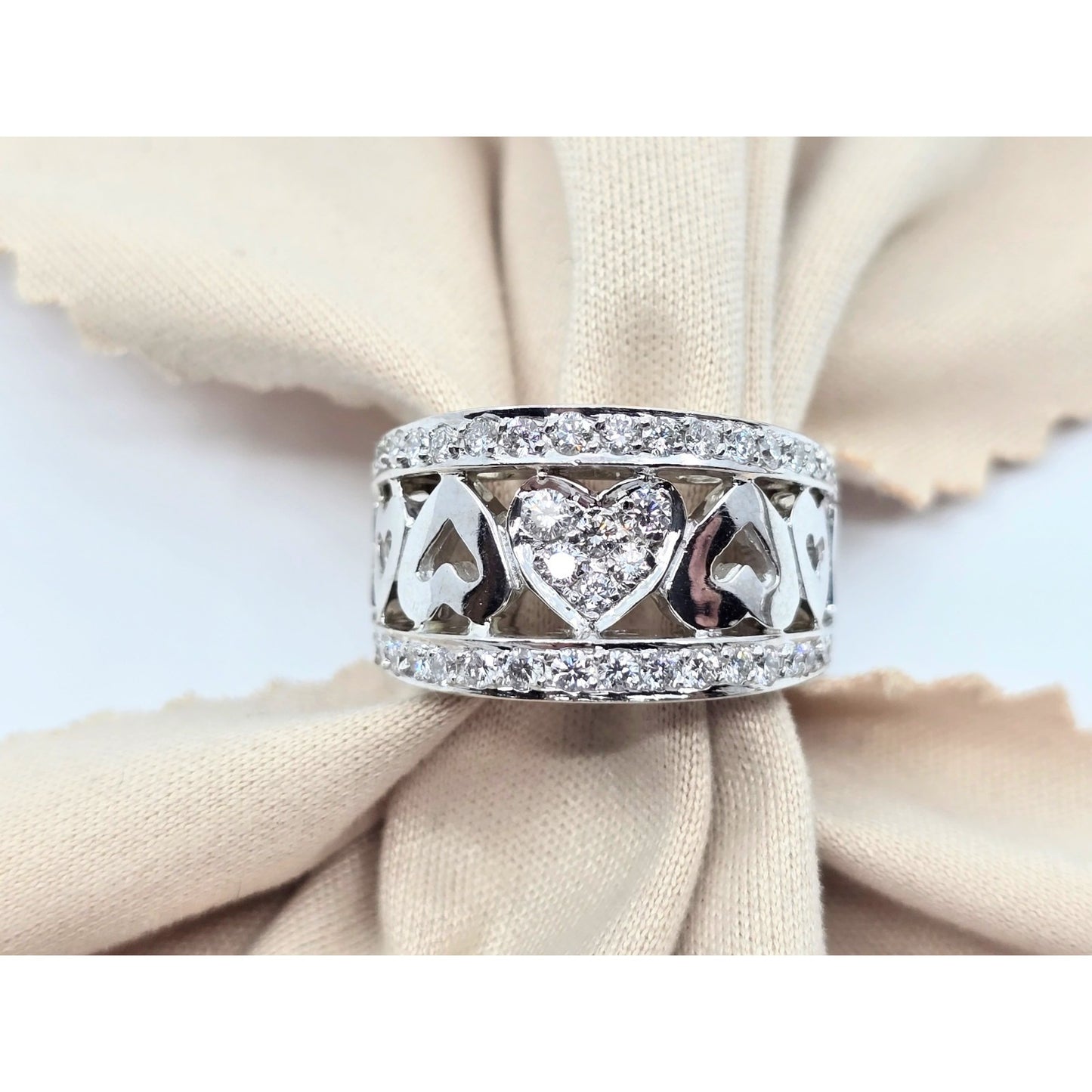 18K White Gold Diamond Wide Band Multi Heart Ring