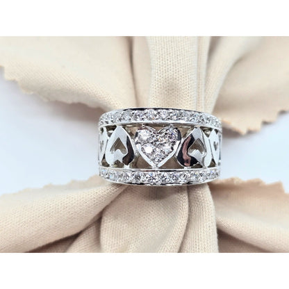 18K White Gold Diamond Wide Band Multi Heart Ring
