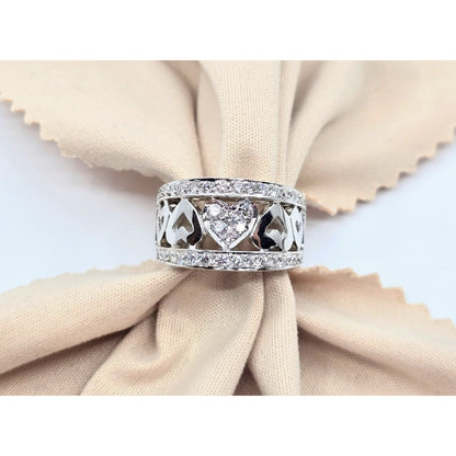 18K White Gold Diamond Wide Band Multi Heart Ring