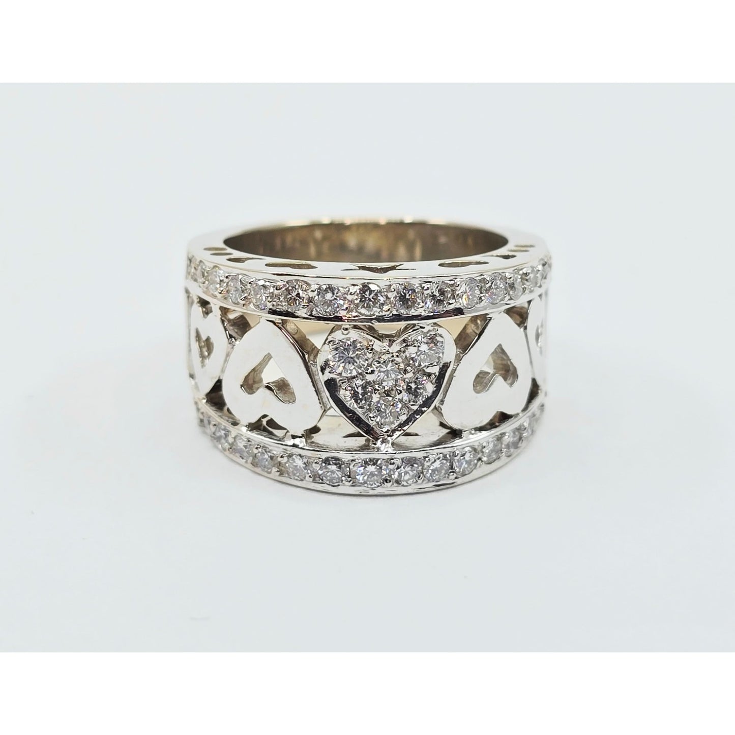 18K White Gold Diamond Wide Band Multi Heart Ring