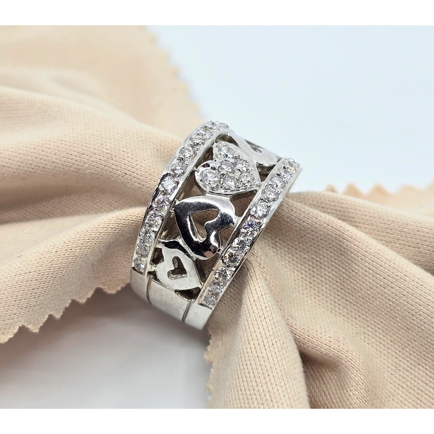 18K White Gold Diamond Wide Band Multi Heart Ring