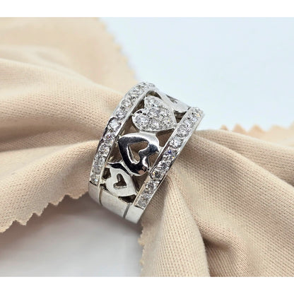 18K White Gold Diamond Wide Band Multi Heart Ring