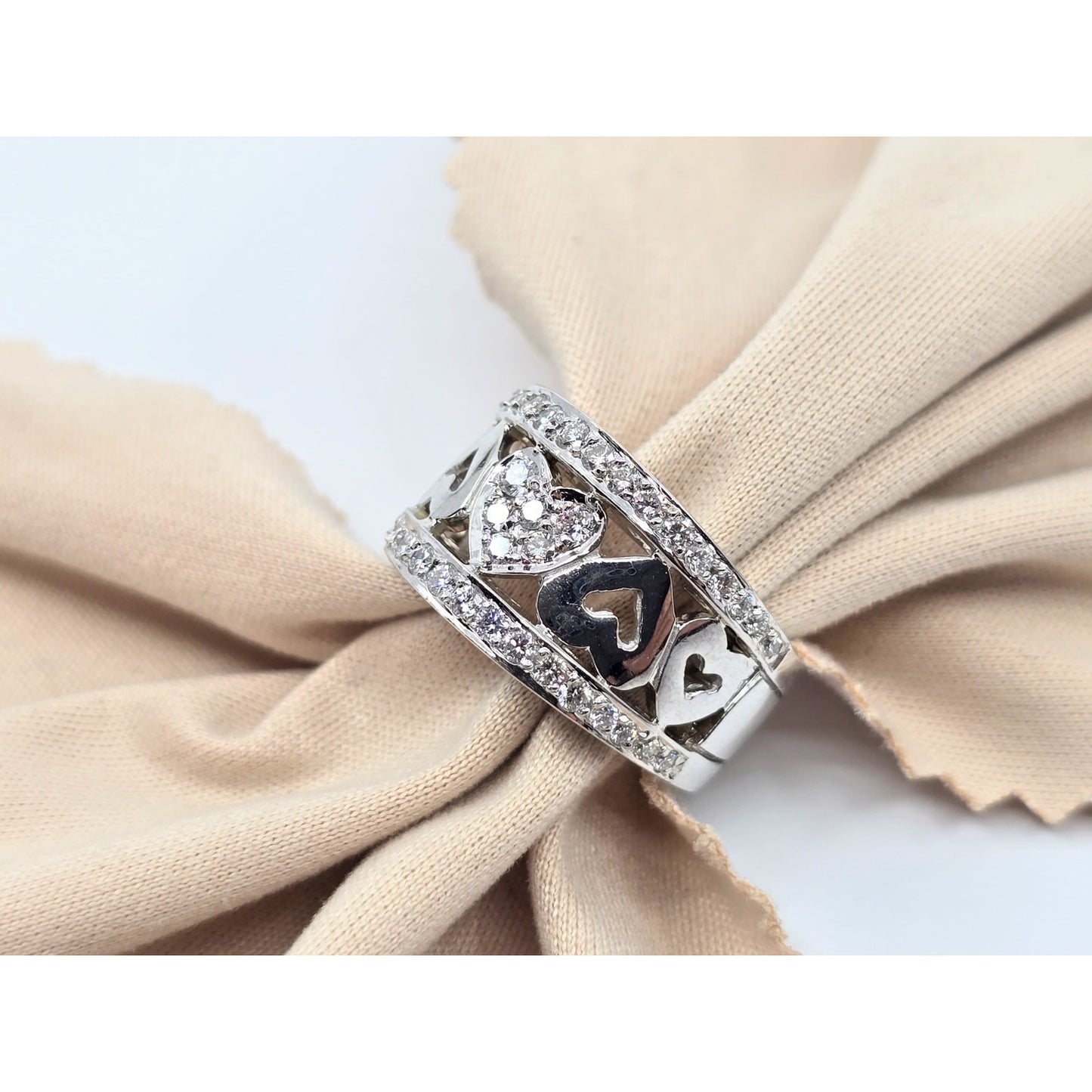 18K White Gold Diamond Wide Band Multi Heart Ring