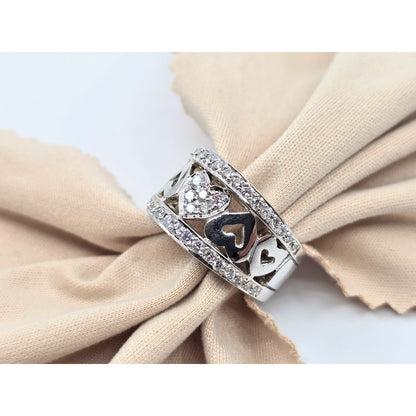 18K White Gold Diamond Wide Band Multi Heart Ring