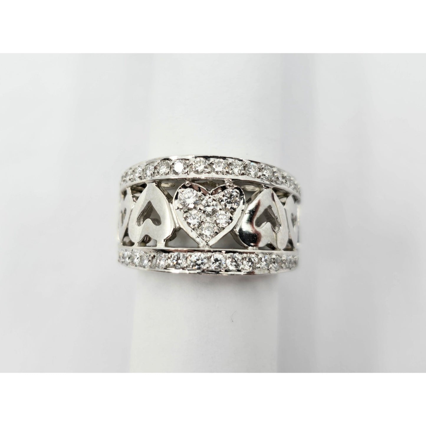 18K White Gold Diamond Wide Band Multi Heart Ring
