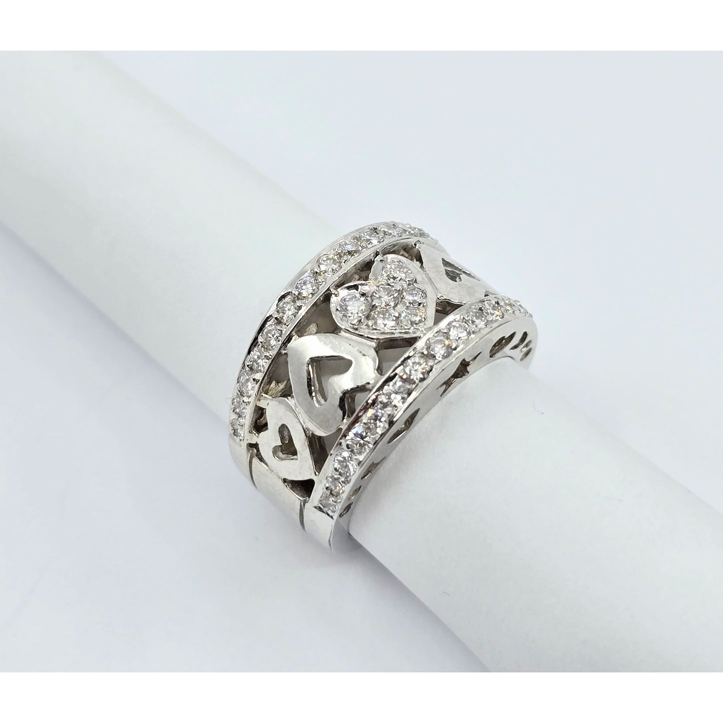 18K White Gold Diamond Wide Band Multi Heart Ring