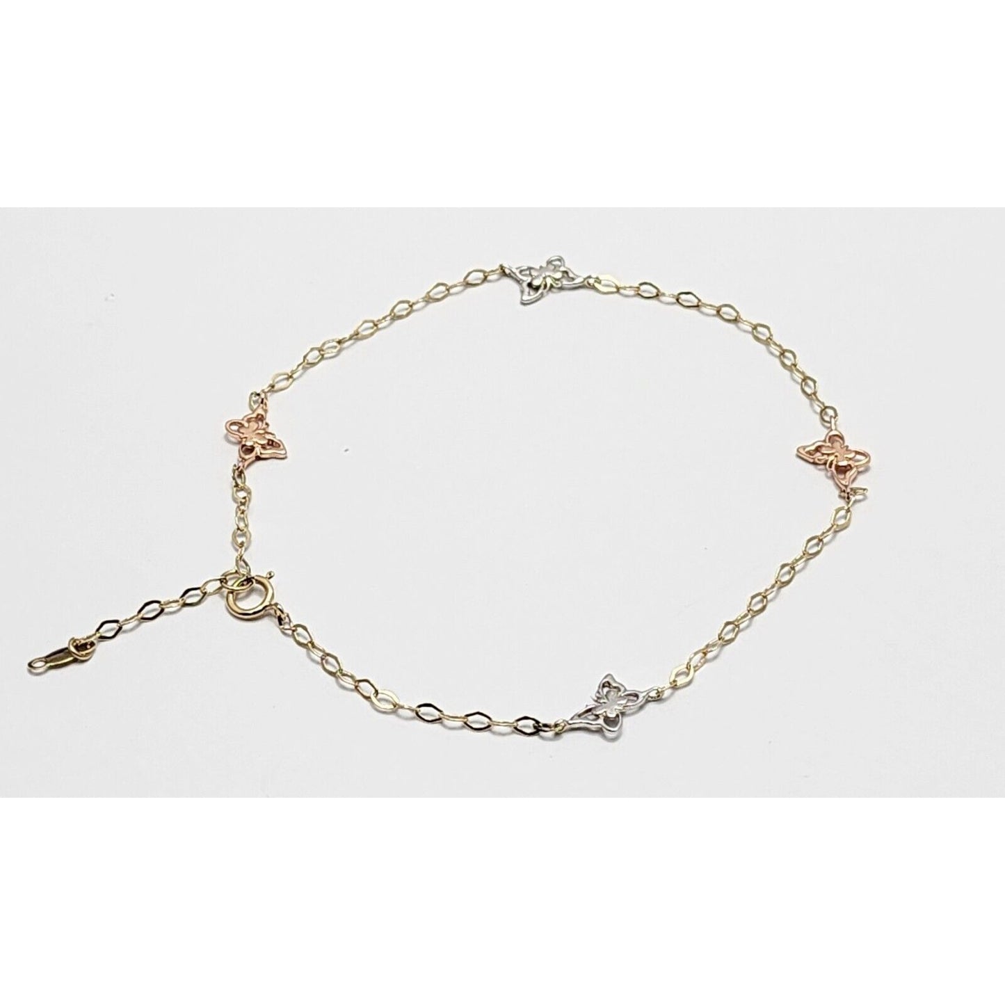 10K Tri Tone Gold Butterfly Resizable Link Chain Anklet Bracelet