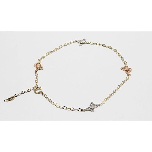 10K Tri Tone Gold Butterfly Resizable Link Chain Anklet Bracelet