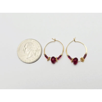 10K Yellow Gold Red Beaded Crystal Hoop Hook Earrings