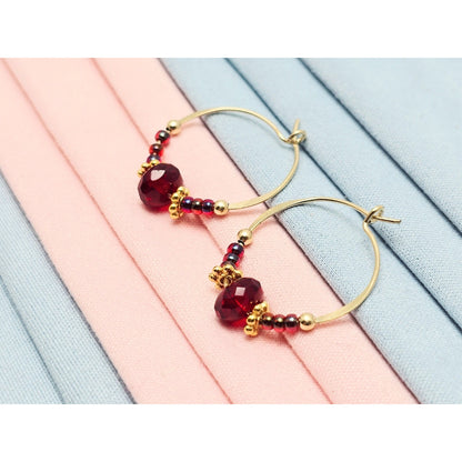 10K Yellow Gold Red Beaded Crystal Hoop Hook Earrings