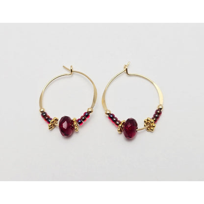 10K Yellow Gold Red Beaded Crystal Hoop Hook Earrings