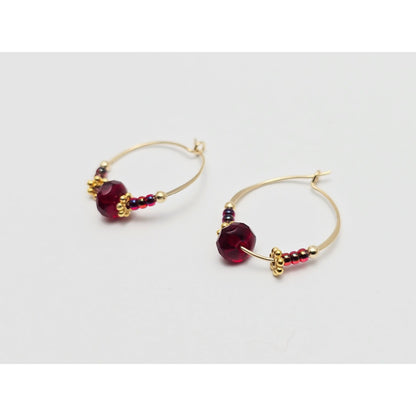 10K Yellow Gold Red Beaded Crystal Hoop Hook Earrings