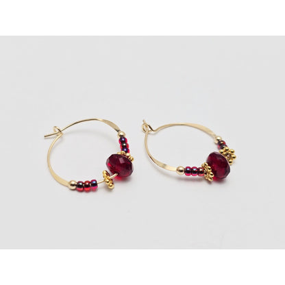 10K Yellow Gold Red Beaded Crystal Hoop Hook Earrings