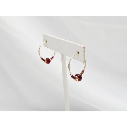 10K Yellow Gold Red Beaded Crystal Hoop Hook Earrings