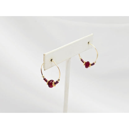 10K Yellow Gold Red Beaded Crystal Hoop Hook Earrings