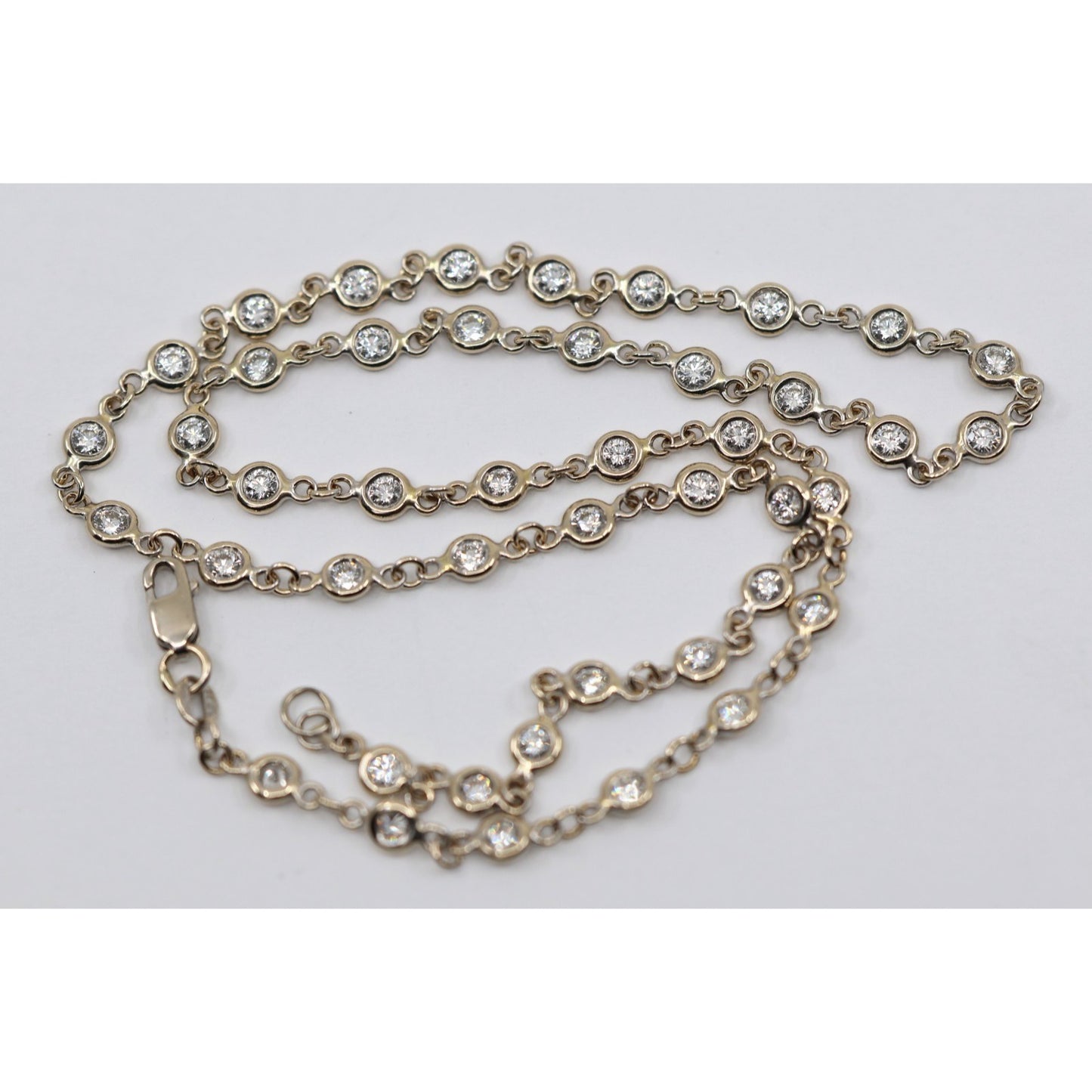 18K White Gold Bezel Set Diamond Station Link Chain Necklace