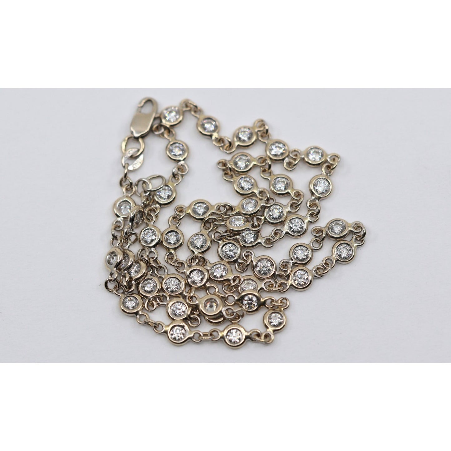 18K White Gold Bezel Set Diamond Station Link Chain Necklace