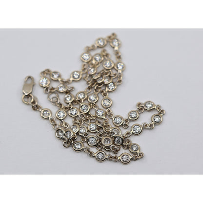 18K White Gold Bezel Set Diamond Station Link Chain Necklace