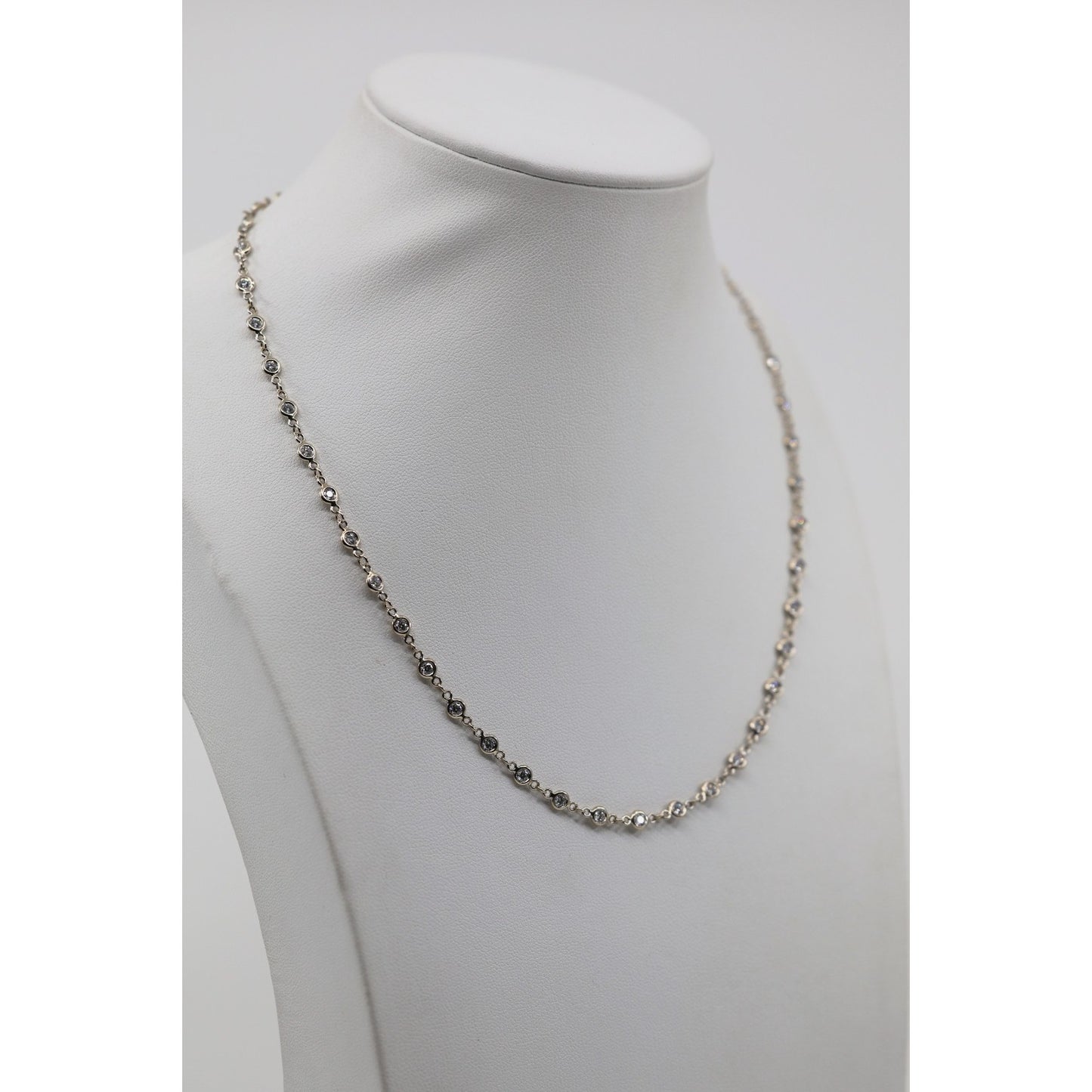 18K White Gold Bezel Set Diamond Station Link Chain Necklace