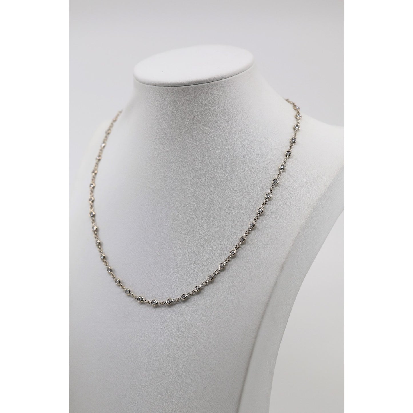 18K White Gold Bezel Set Diamond Station Link Chain Necklace